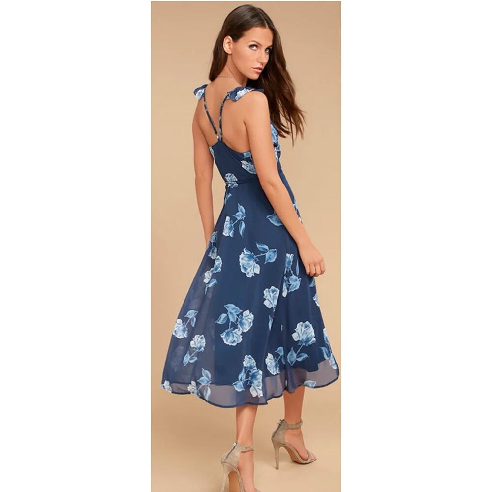 Lulus Women's Blue Floral Print Faux-Wrap Dress Size Small - Picture 2 of 8